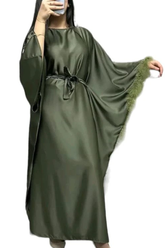 WOMENS SATIN BELTED DRESS WITH FEATHERS KHAKI